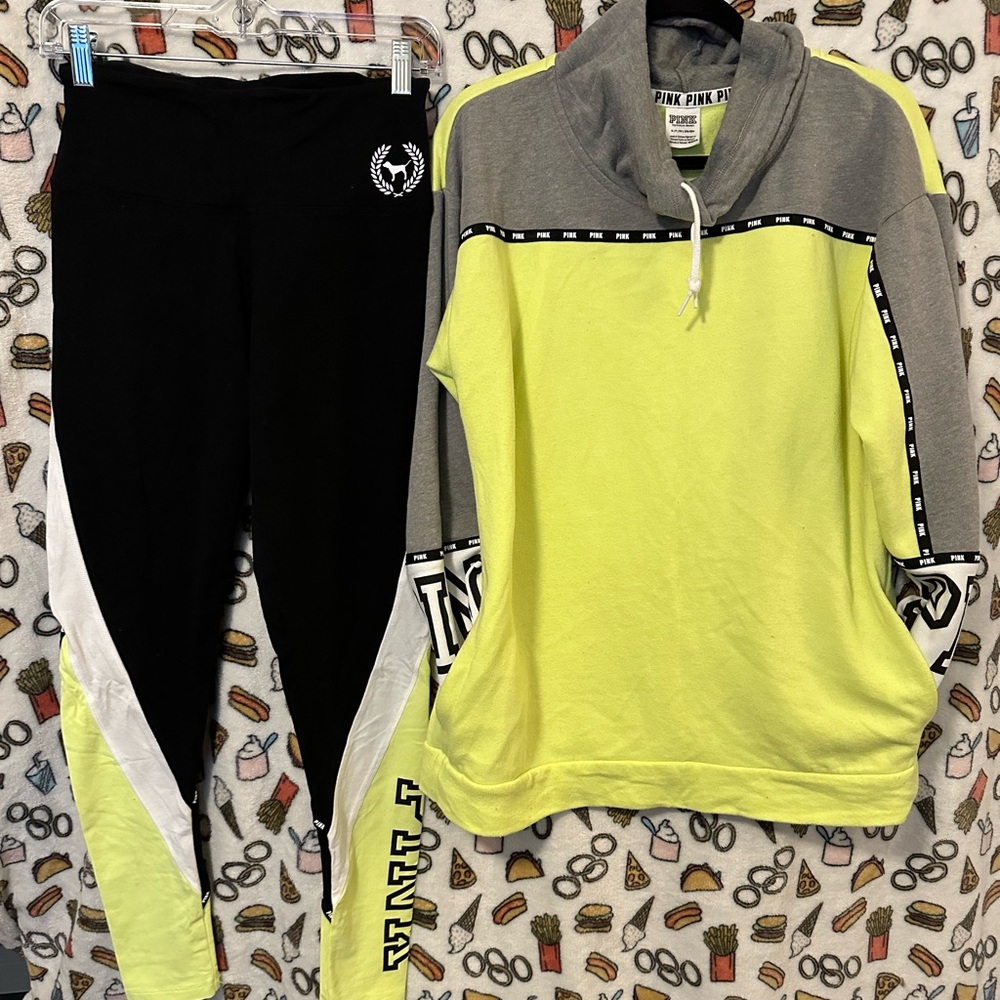 Pink brand casual set with legging. Pullover top with side pockets.